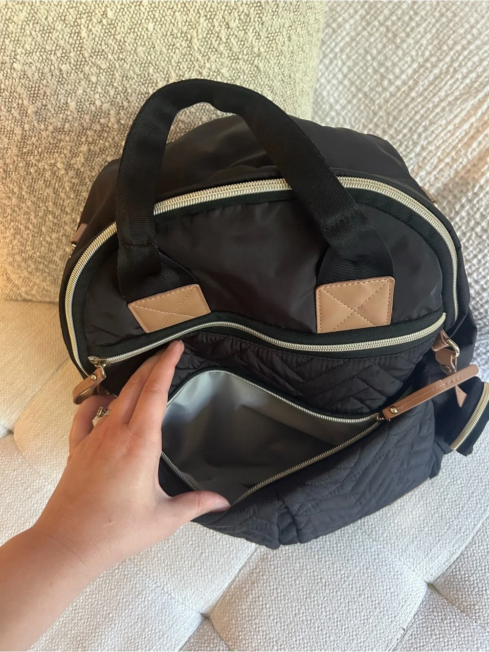 Skip Hop 6 in 1 Black Quilted Diaper Backpack with Tan Trim and Accessories
